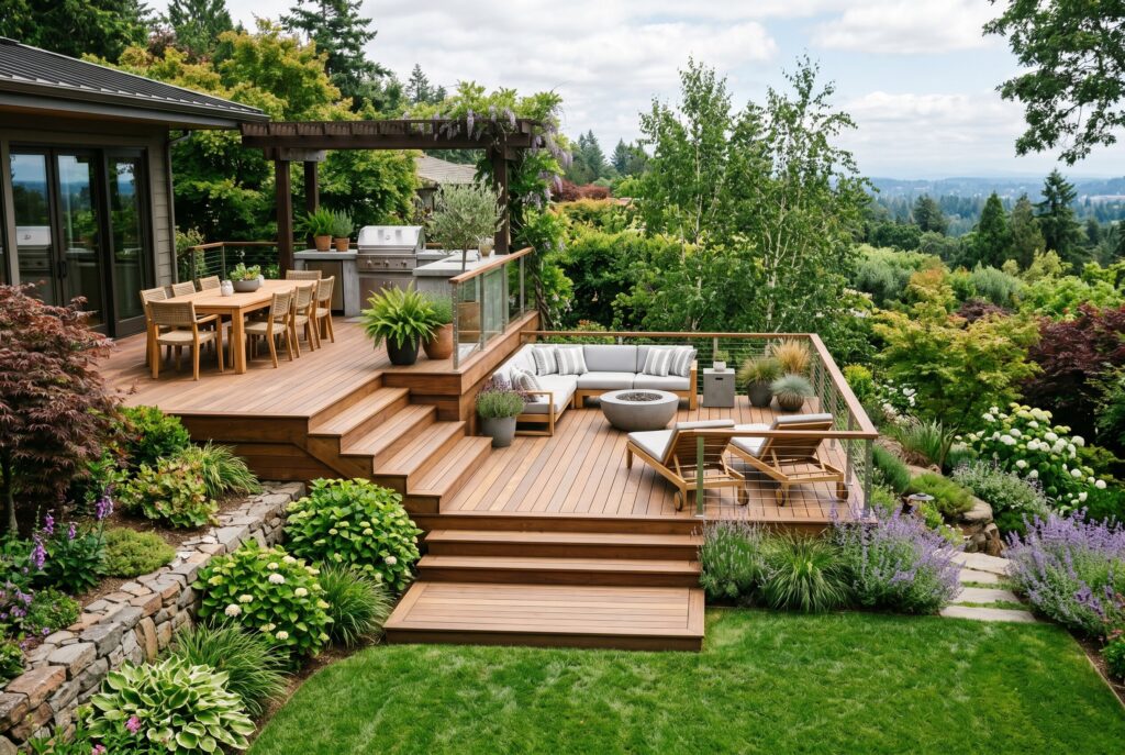 Multi level wood deck with outdoor dining, lounge seating, and garden views.