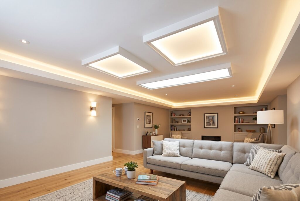 Basement living room with illuminated faux skylights and perimeter edge lighting.
