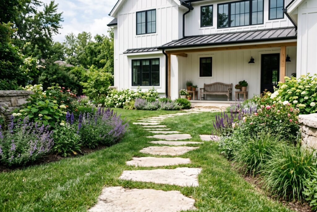 Limestone stepping stone pathway through lawn with modern farmhouse landscaping.