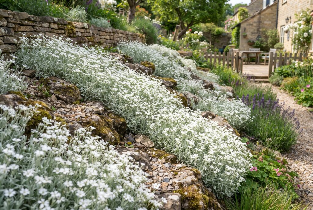 Snow in Summer plant featuring silver foliage and bright white flowers spreading rapidly across a rocky garden slope.