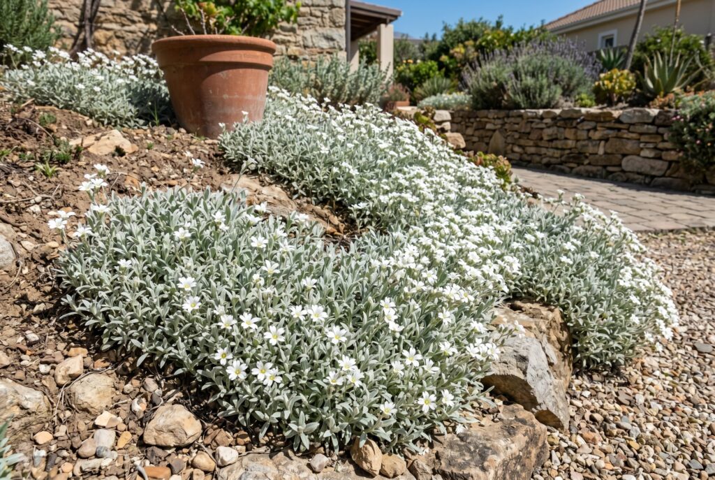 Snow in Summer plant featuring silver foliage and bright white flowers spreading rapidly across a rocky garden slope.