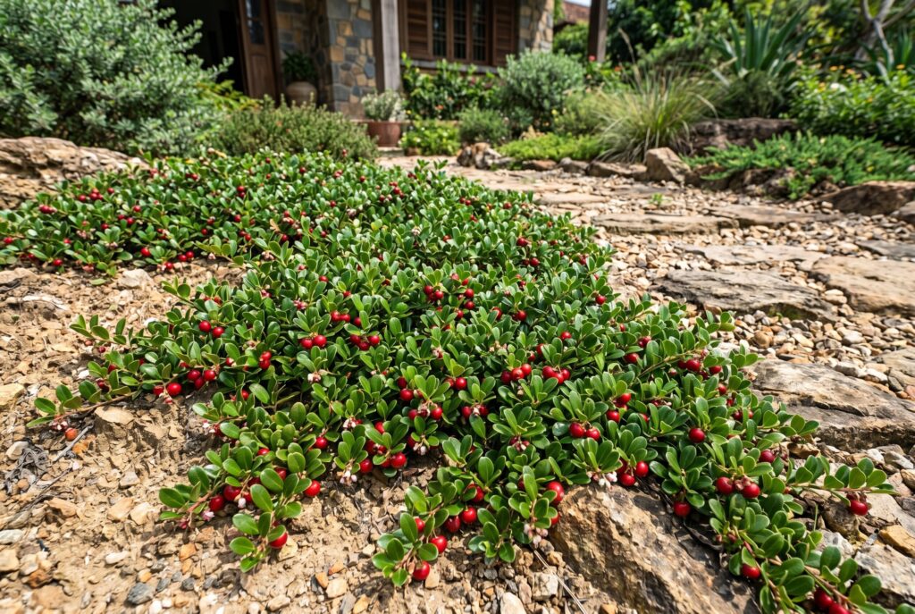 Bearberry, a tough evergreen ground cover, displaying small red berries while growing low over sandy, rocky soil.