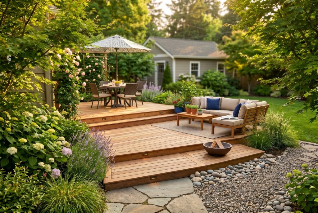 Multi tiered deck design with dining area, lounge space, and backyard zones.