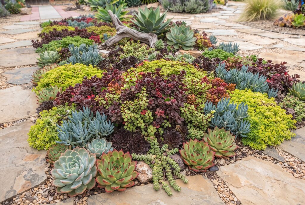Drought-tolerant sedum ground cover with colorful succulent leaves in a dry landscape.