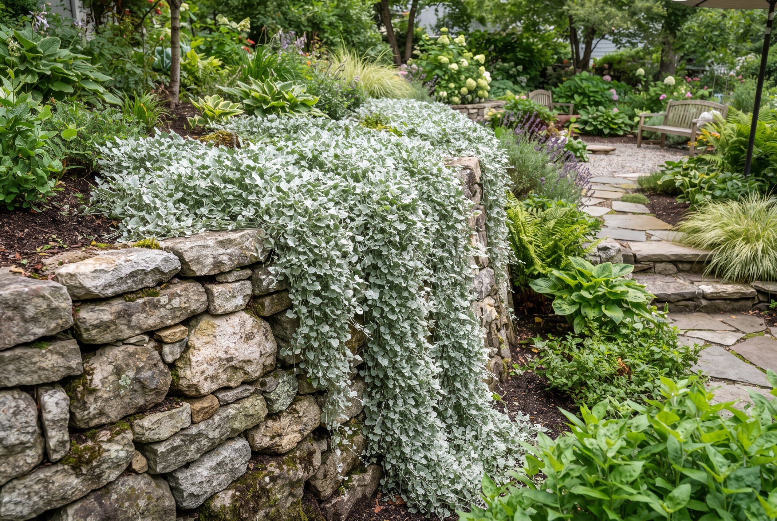 Trailing Silver Falls dichondra displaying dramatic silver foliage as it spills down a stacked stone retaining wall like a metallic waterfall.