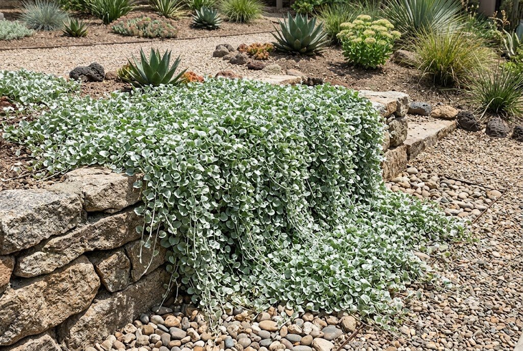 Trailing Silver Falls dichondra displaying dramatic silver foliage as it spills down a stacked stone retaining wall like a metallic waterfall.