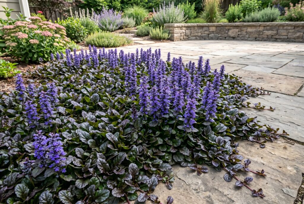 Ajuga ground cover displaying dark, glossy foliage and tall purple flower spikes along the edge of a stone patio.