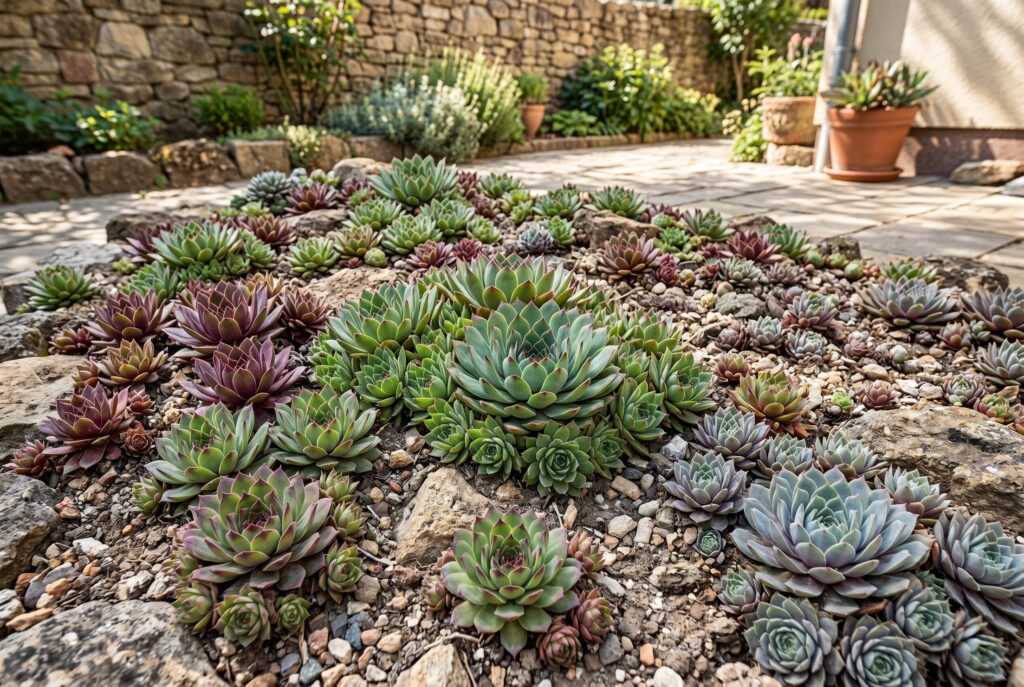 A dense cluster of tough, rosette-forming hens and chicks succulents growing tightly together in lean, rocky soil.