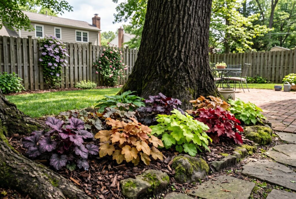 Coral bells around tree base with colorful foliage and woodland garden planting. 