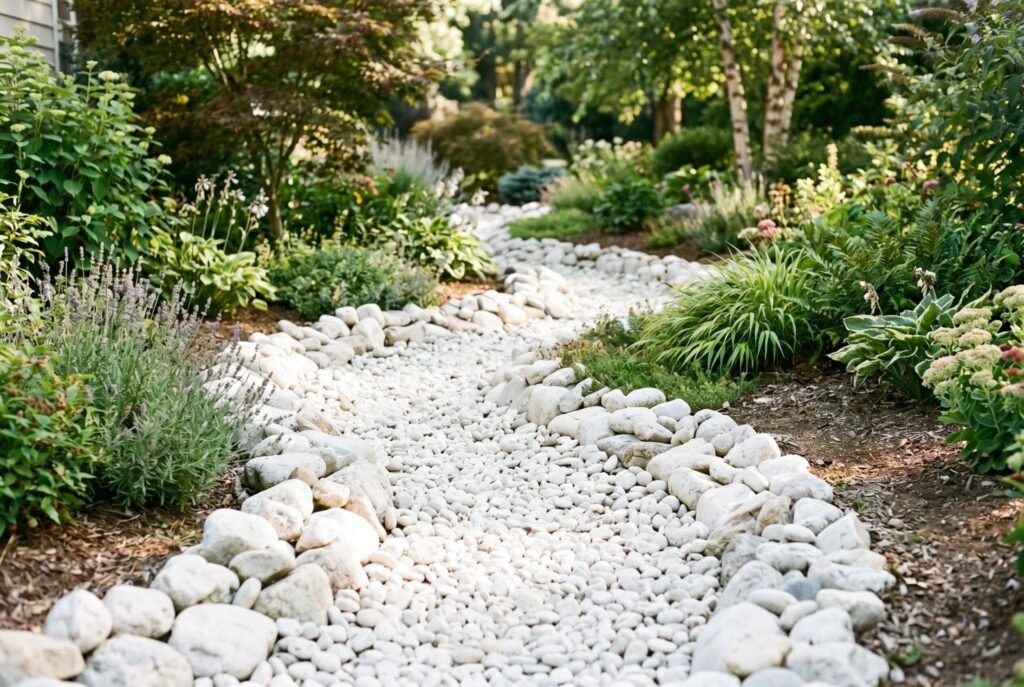 White rock dry creek bed with boulders, gravel, and natural drainage landscaping. 