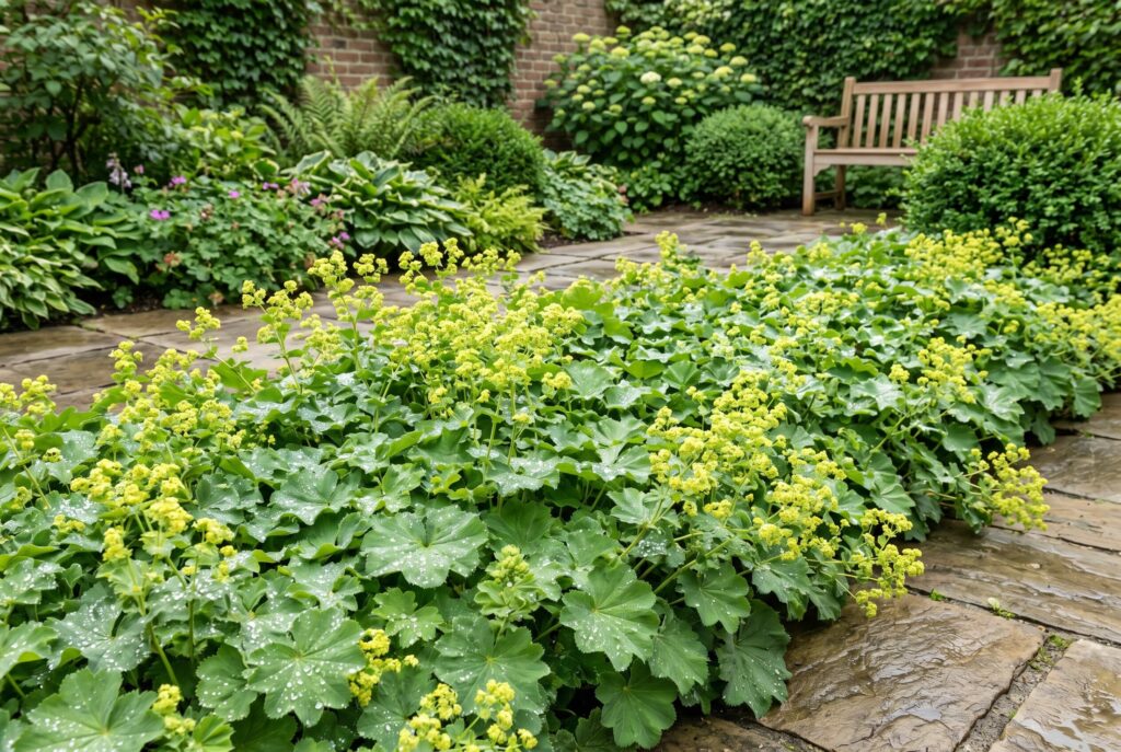 A soft, weed-suppressing carpet of lady's mantle displaying rounded green leaves and delicate yellow-green flowers next to a stone path.