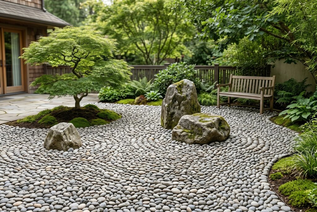 Barefoot Zen garden with smooth pebbles, sculptural boulders, and minimalist Japanese landscaping.