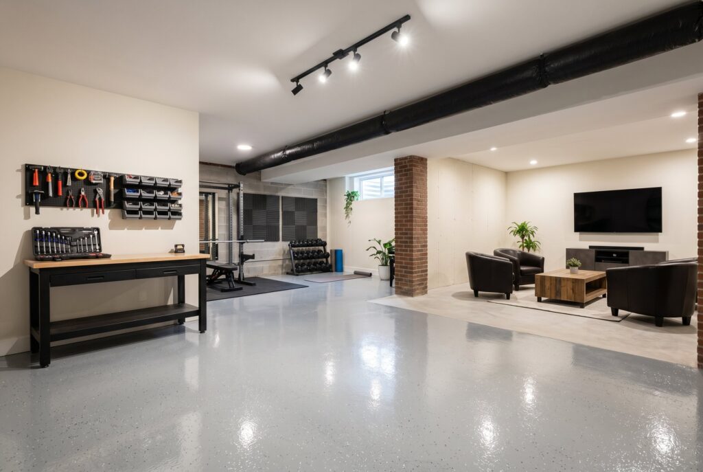 Industrial basement with polished epoxy flooring, workshop bench, and lounge seating.