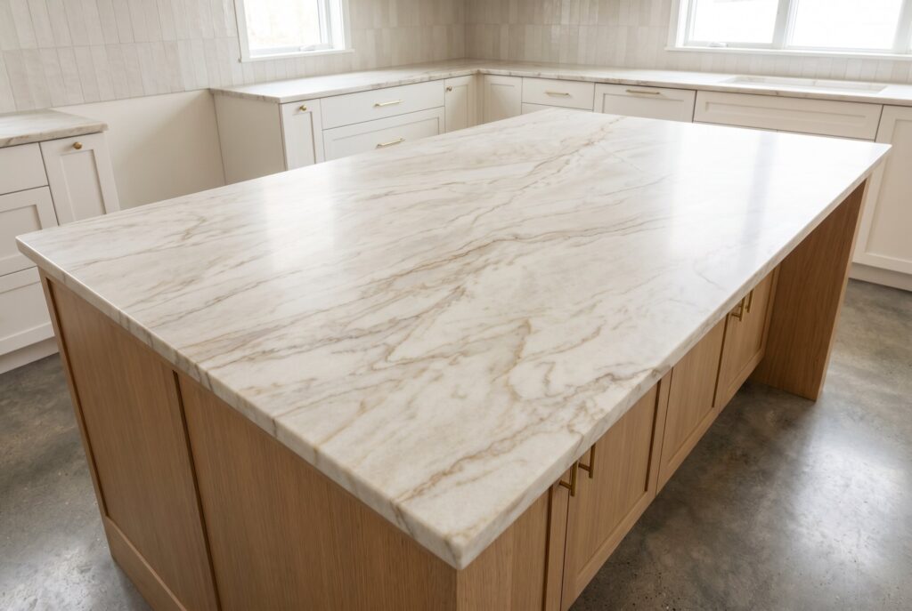 Taj Mahal quartzite waterfall island with warm wood base and seamless slab detailing.
