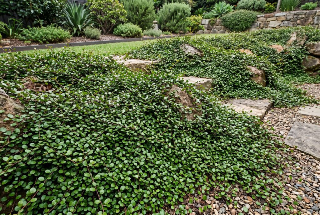 Creeping wire vine with wiry stems and tiny rounded leaves covering rocky soil.