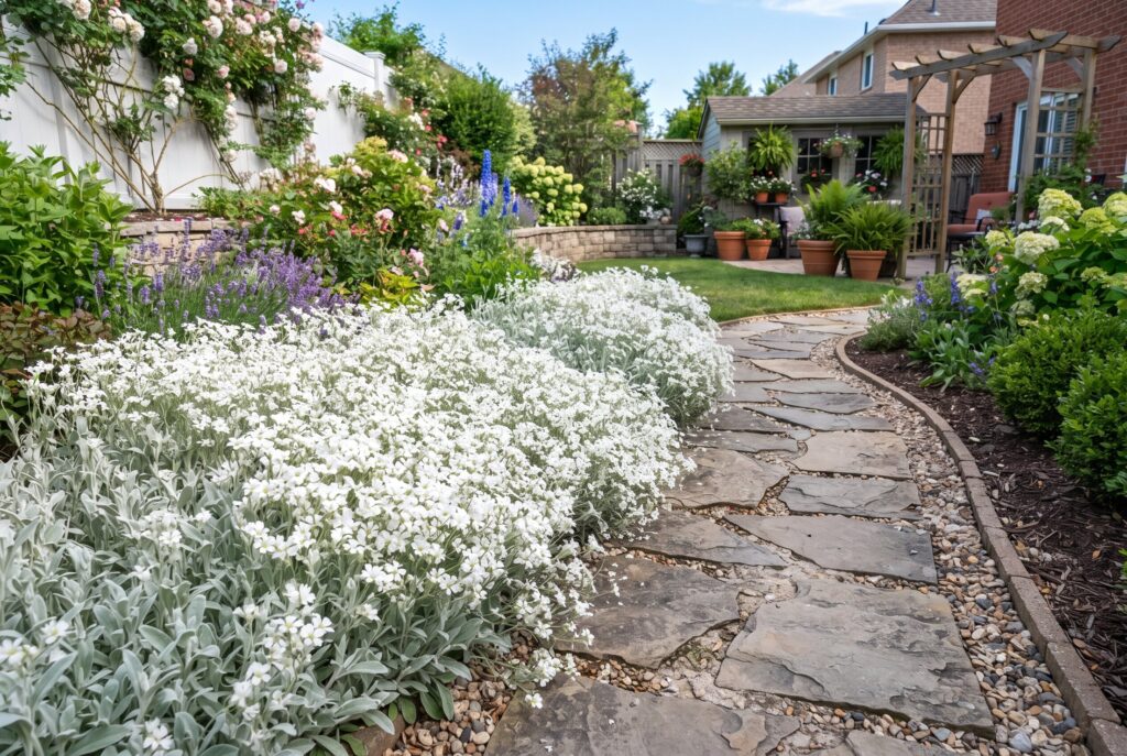 A striking display of Snow in Summer combining silvery foliage and brilliant white blooms alongside a curved stone pathway.
