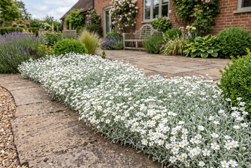 A striking display of Snow in Summer combining silvery foliage and brilliant white blooms alongside a curved stone pathway.