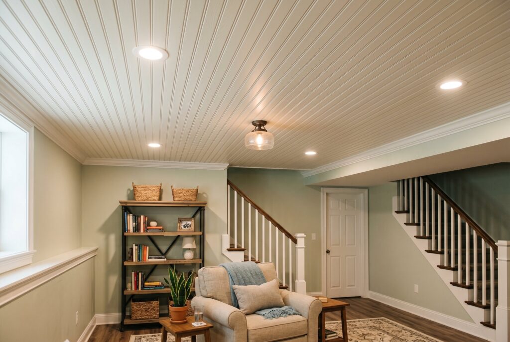 Beadboard ceiling in finished basement with reading nook and staircase access.