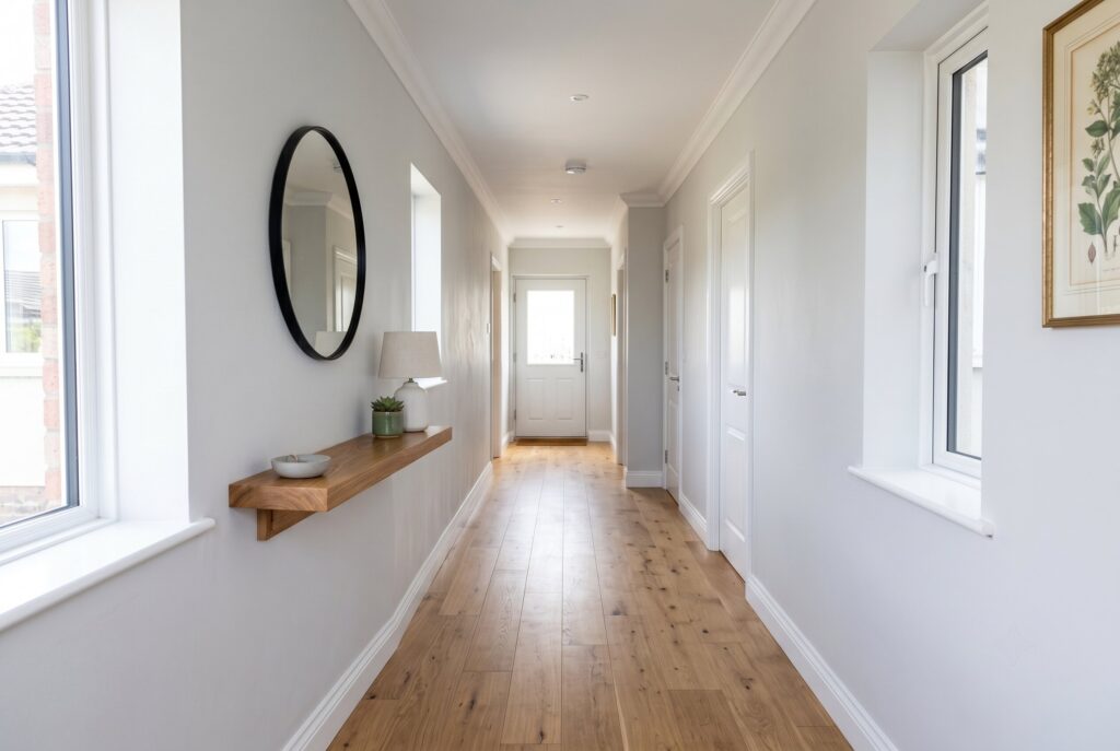 Floating oak entry console in narrow hallway with minimalist styling.
