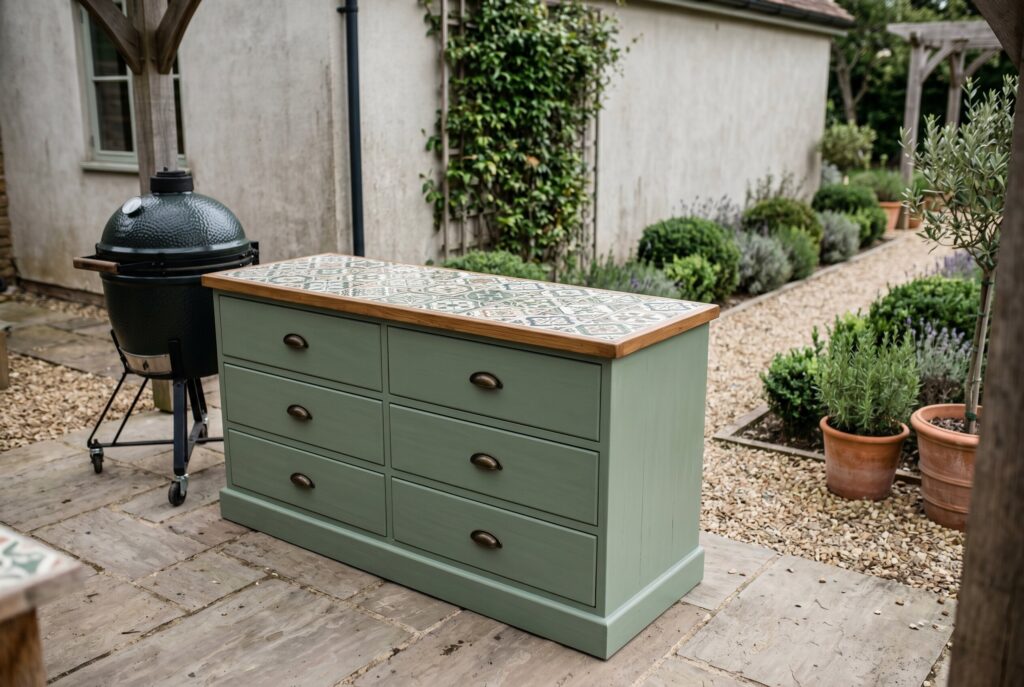 Repurposed sage green dresser outdoor kitchen with storage drawers and charcoal grill. 