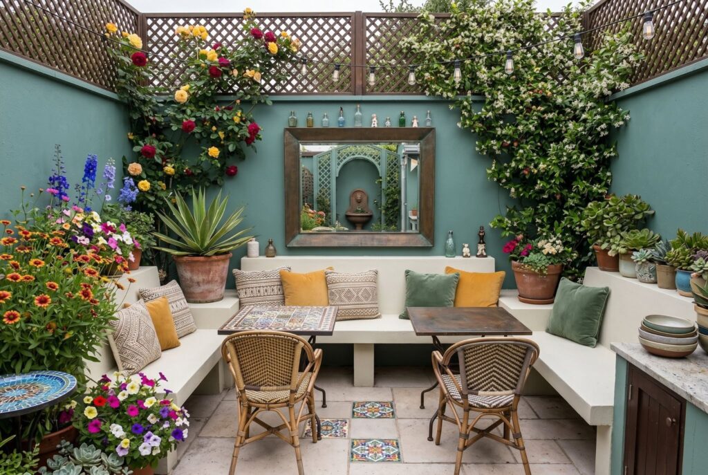 Outdoor mirror reflecting plants and seating area in small courtyard patio design. 
