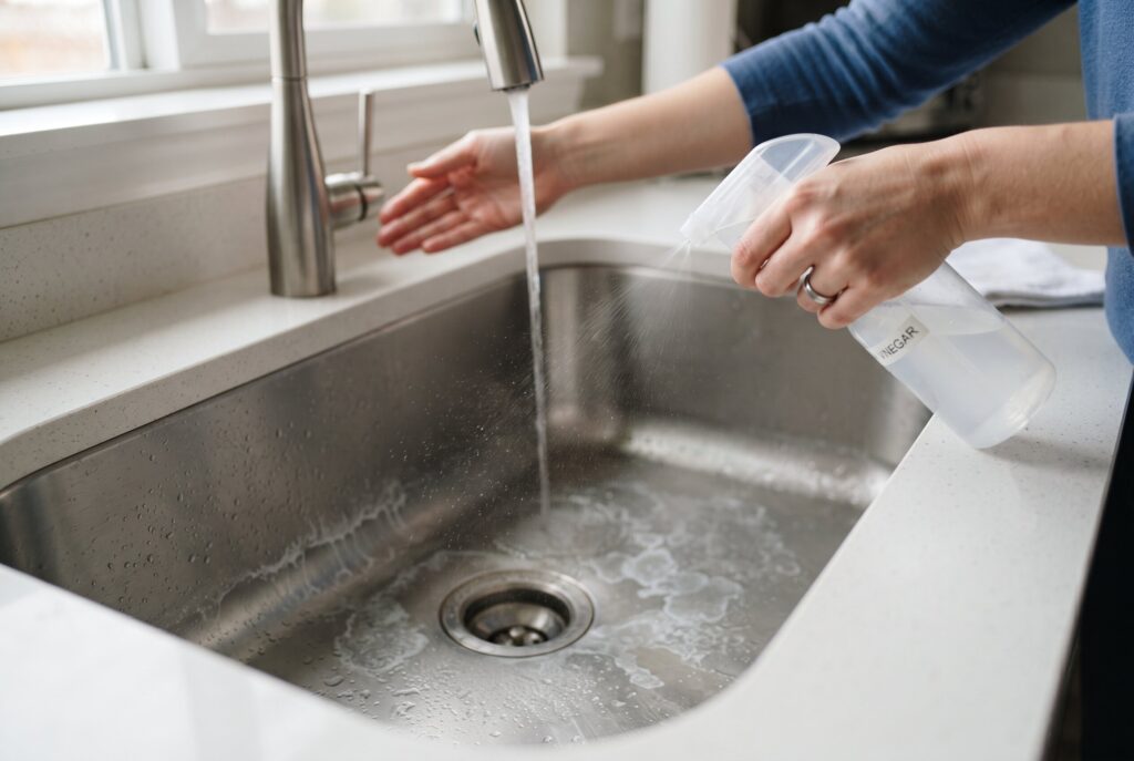 Image detailing a vinegar rinse: spraying water spots, allowing dwell time, wiping, and rinsing.