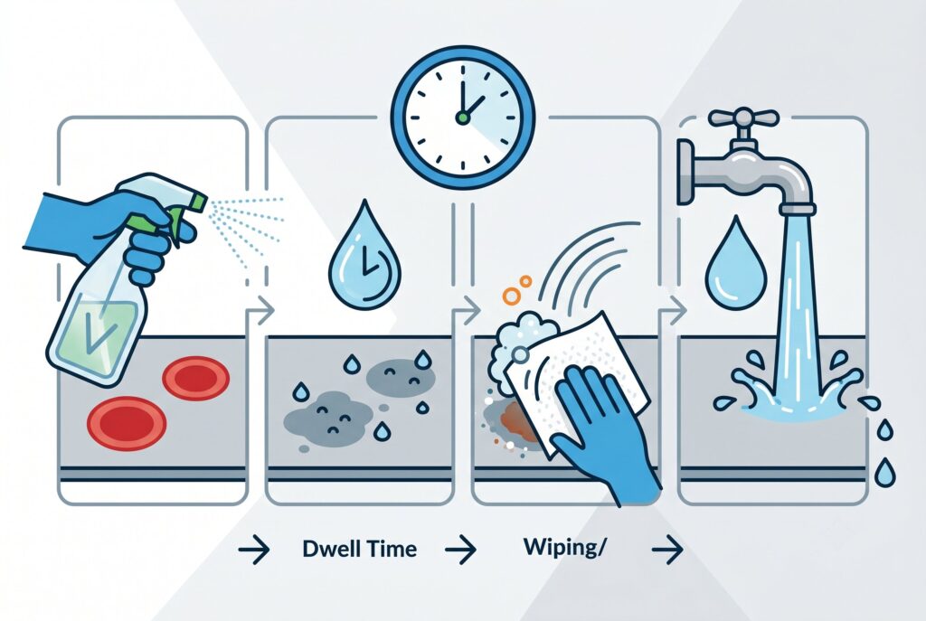 Infographic detailing a vinegar rinse: spraying water spots, allowing dwell time, wiping, and rinsing.