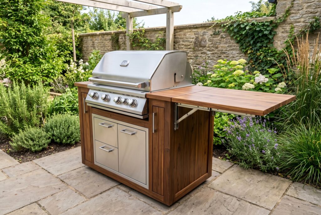 Drop leaf outdoor kitchen island with folding wood extension and built in grill.