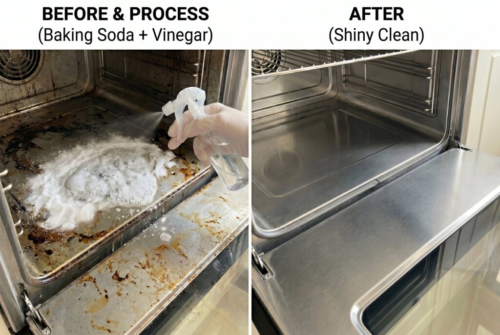 Before and after oven cleaning with baking soda, vinegar, and a final wipe for a spotless finish.