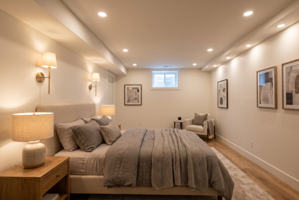 Layered basement bedroom lighting with wall sconces, recessed lights, and bedside lamps.