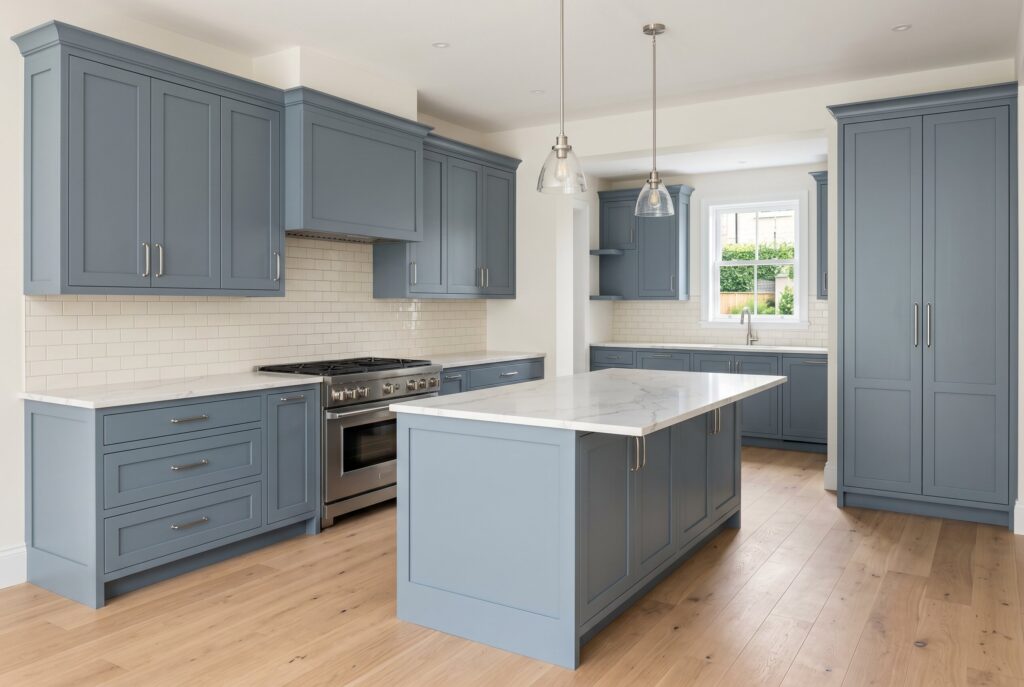 Smoky Blue kitchen with gray blue cabinetry, white island, and bright transitional design.