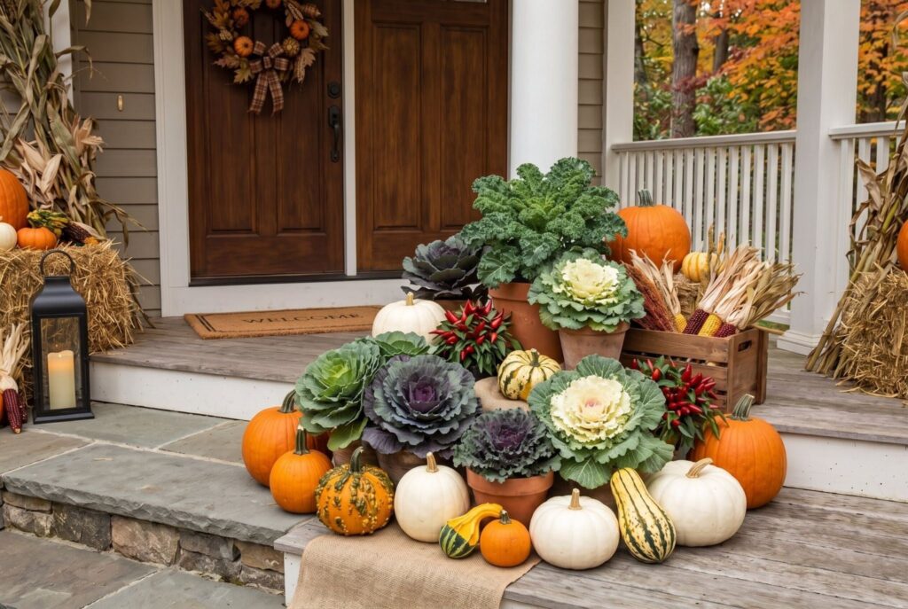 Ornamental cabbage and kale mixed with pumpkins in layered fall porch decor.