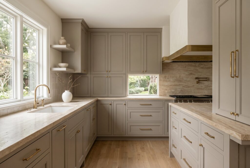 Mushroom greige kitchen cabinets with brass hardware, travertine inspired surfaces, and warm neutral palette. 