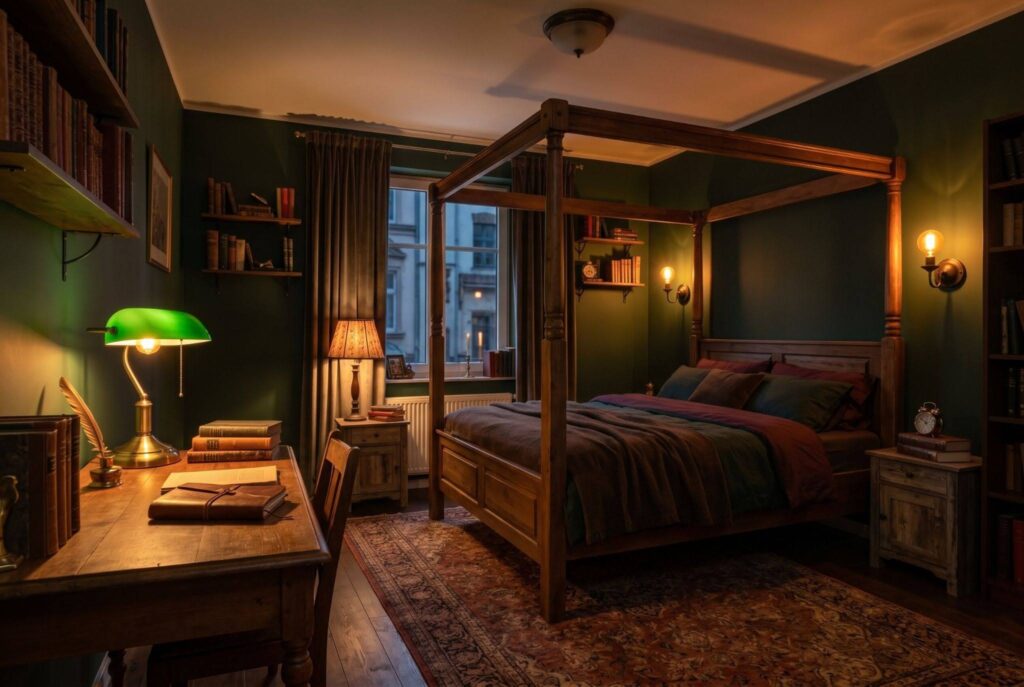 Four poster bed with velvet curtains and cinematic warm lighting in dark academia bedroom. 