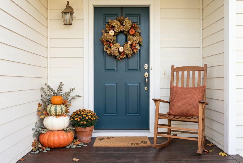 Fall front porch decor with pumpkins, wreath, mums, and rocking chair styling.