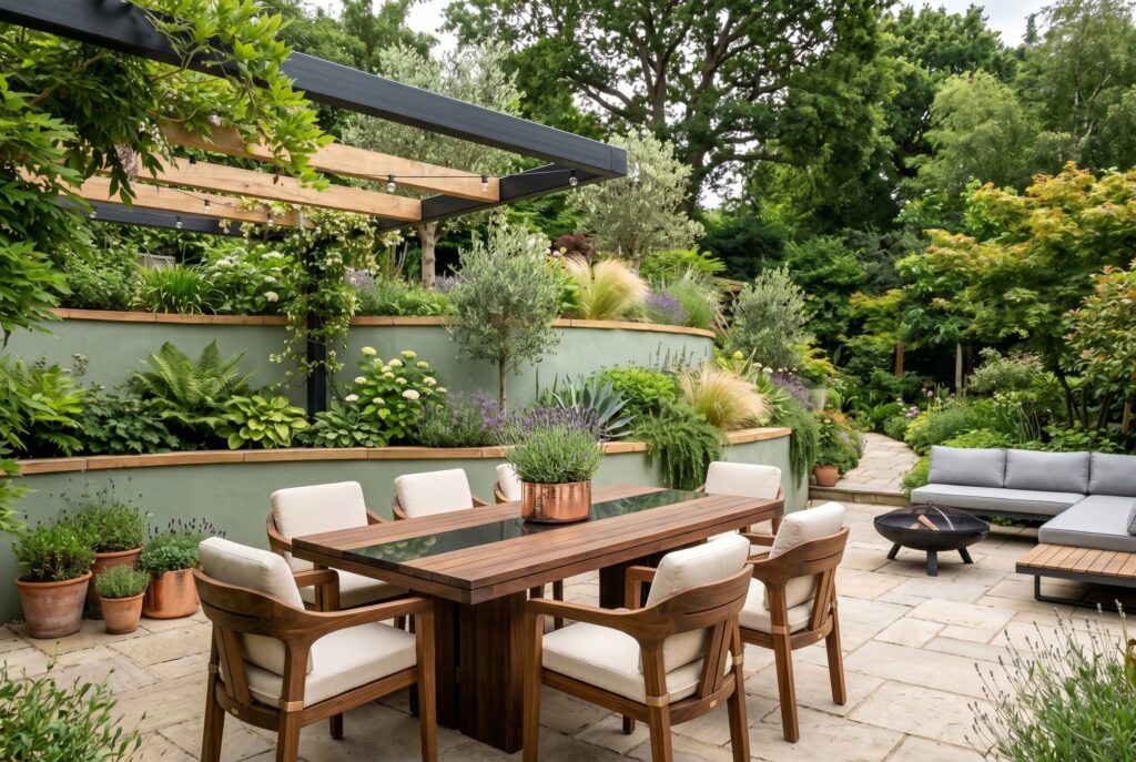 Sage green retaining walls with outdoor dining area and layered garden plantings.