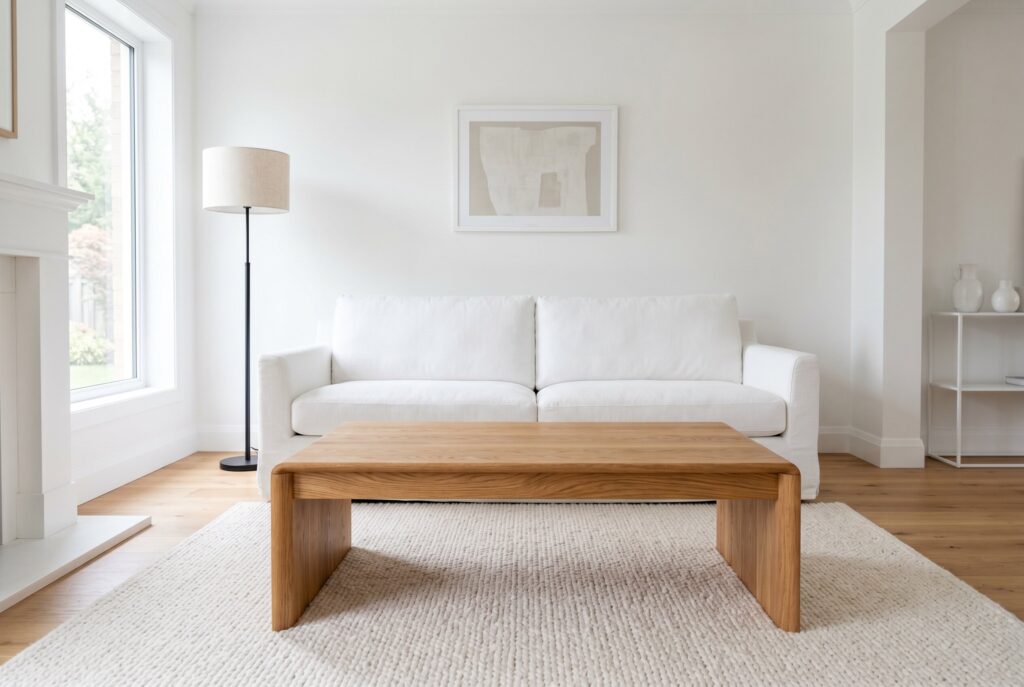 Minimal white living room with indoor trees, wood coffee table, and light-filled windows.