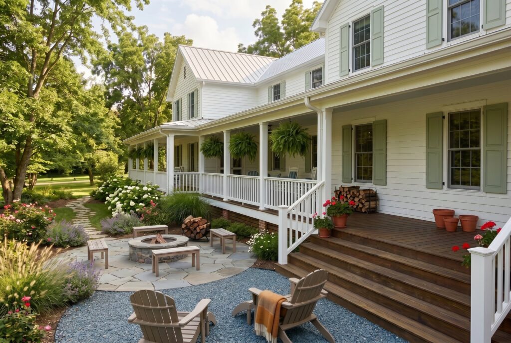 Wrap around porch leading to stone fire pit area with outdoor living landscape design. 