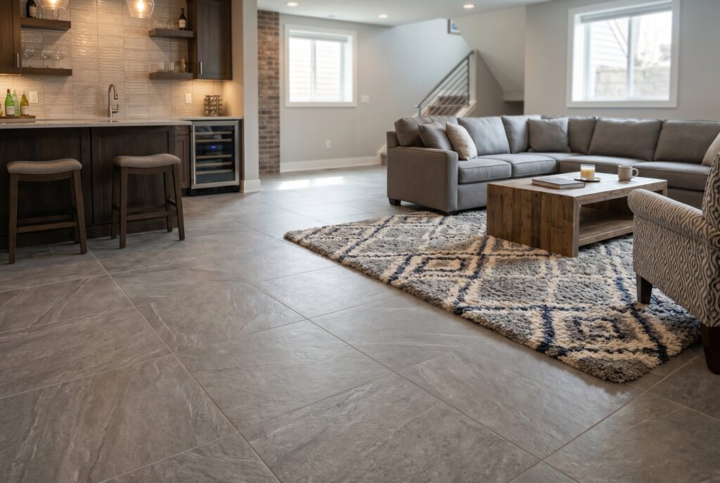 Porcelain tile basement flooring with wet bar, lounge area, and large area rug.