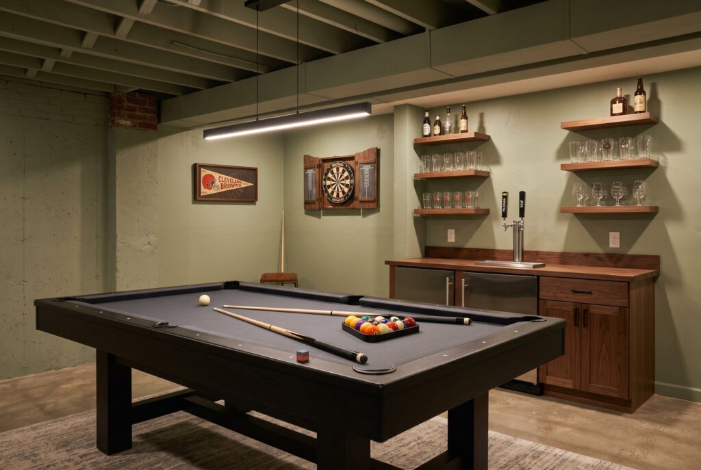 Billiards room with charcoal pool table, sage green walls, and draft beer peninsula.