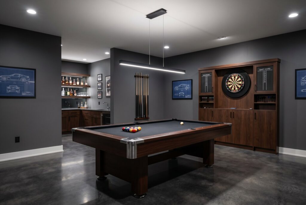 A sleek billiards and dart lounge with dark grey walls, a dark felt pool table illuminated by a linear pendant light, and a wooden dartboard cabinet.