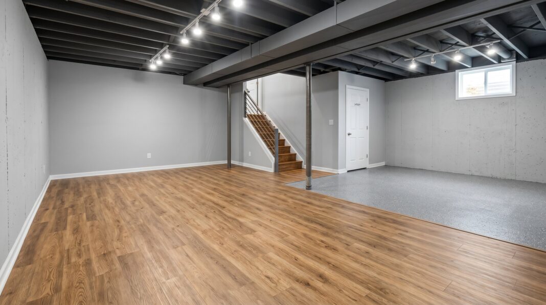 Finished basement with mixed flooring zones, exposed ceiling, and open renovation layout.