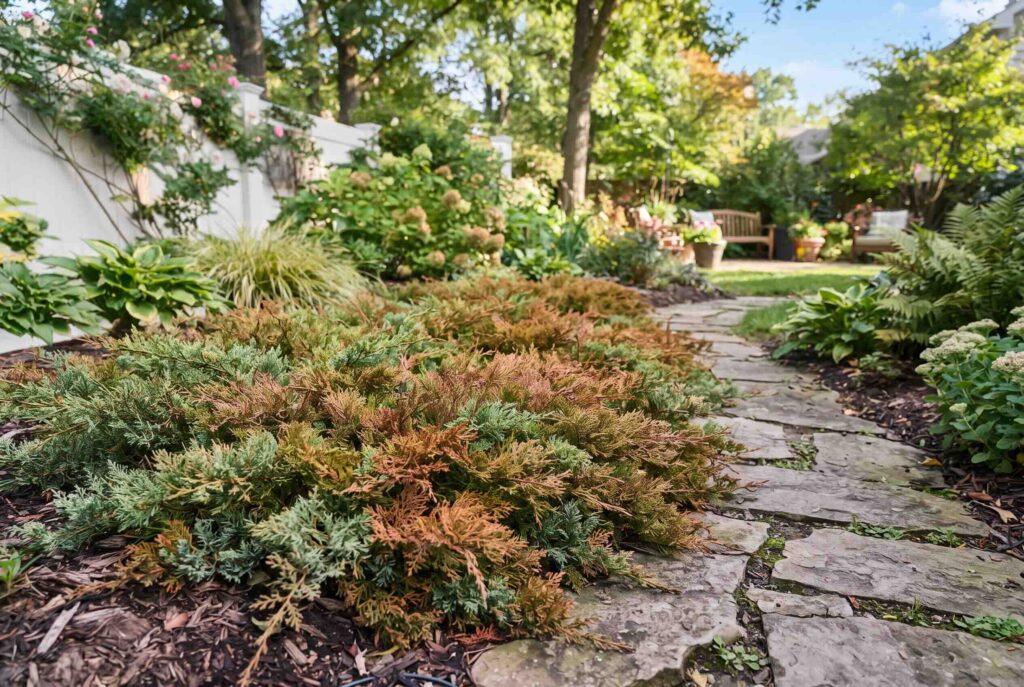Siberian cypress spreading as a low-growing evergreen with soft, fine-textured foliage in bronze and green tones next to a path.