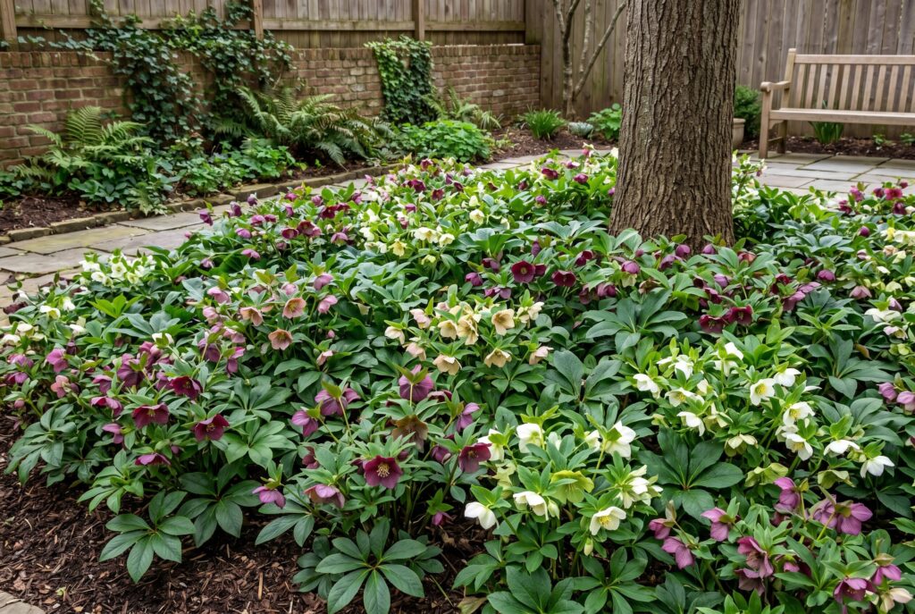 Lenten rose, or hellebore, producing elegant pink, purple, and white blooms above evergreen foliage under the base of a mature tree.