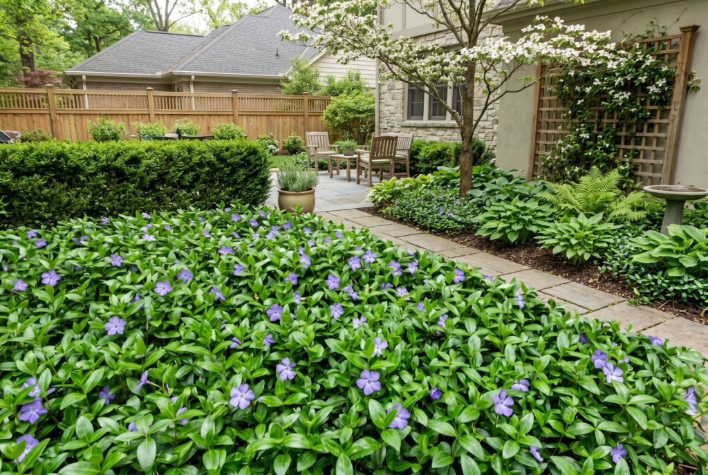 Periwinkle ground cover featuring glossy leaves and purple flowers near a wooded path.