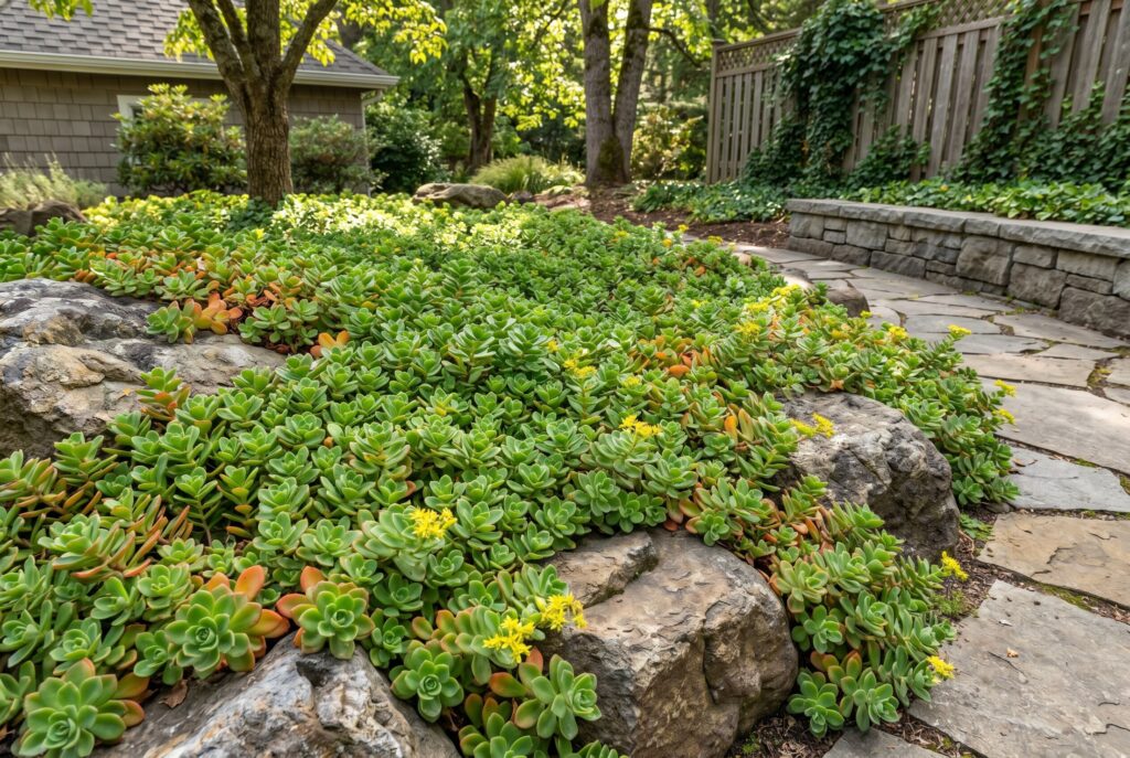 Oregon stonecrop covering rocky terrain with a dense layer of low-growing succulent foliage and small yellow flowers.