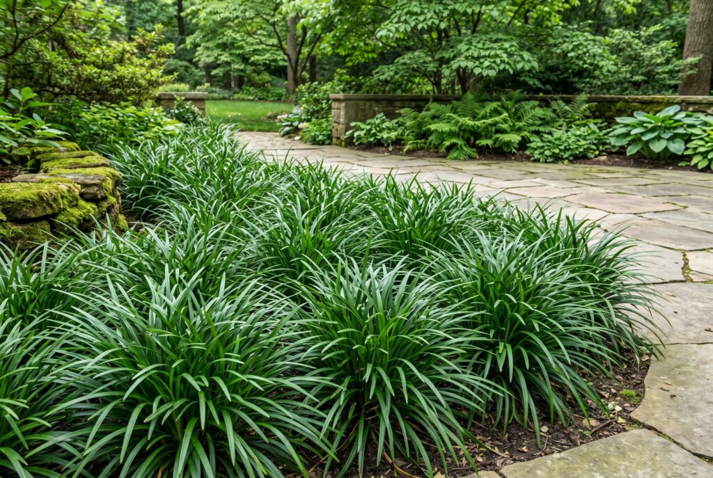 Liriope, also known as monkey grass, forming attractive evergreen clumps of grass-like foliage along a shaded stone garden path.