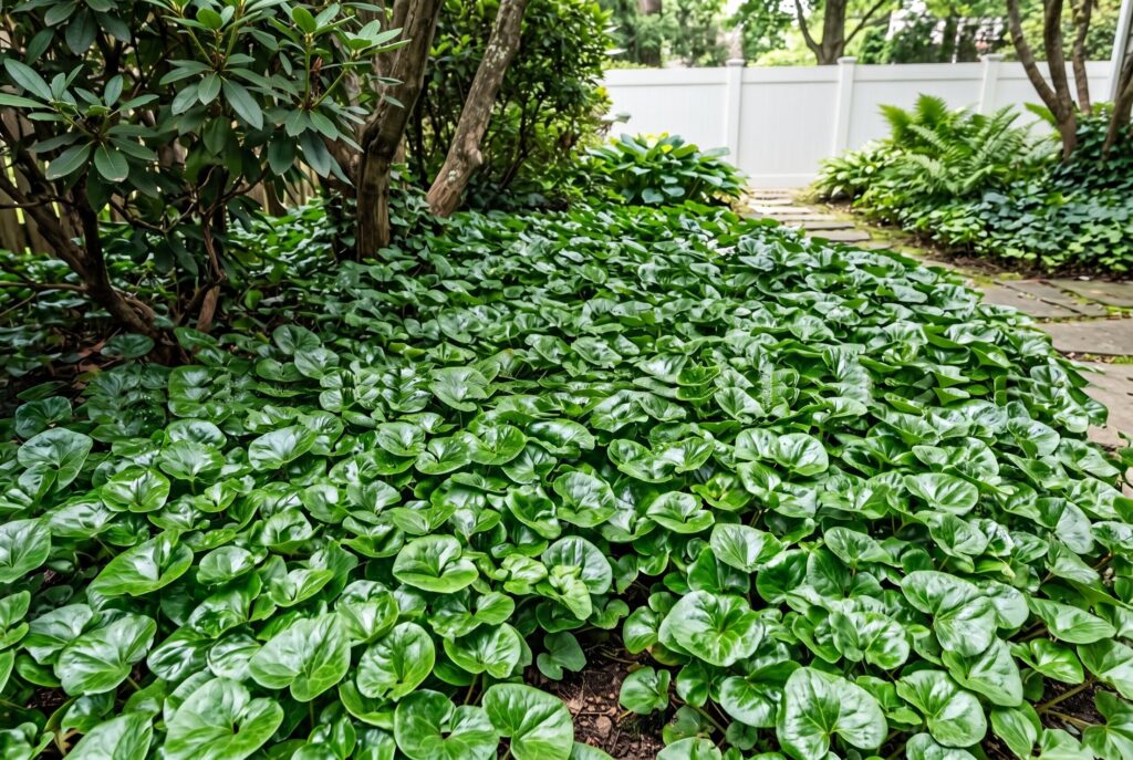 European wild ginger forming a polished, dense evergreen ground cover of glossy, heart-shaped leaves beneath trees and shrubs.