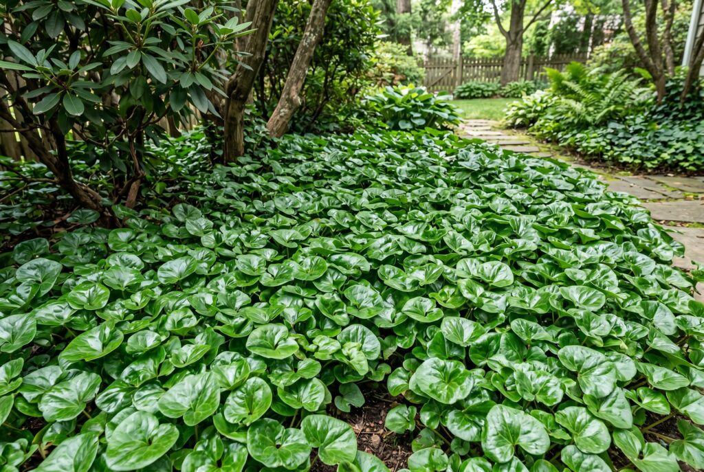 European wild ginger forming a polished, dense evergreen ground cover of glossy, heart-shaped leaves beneath trees and shrubs.