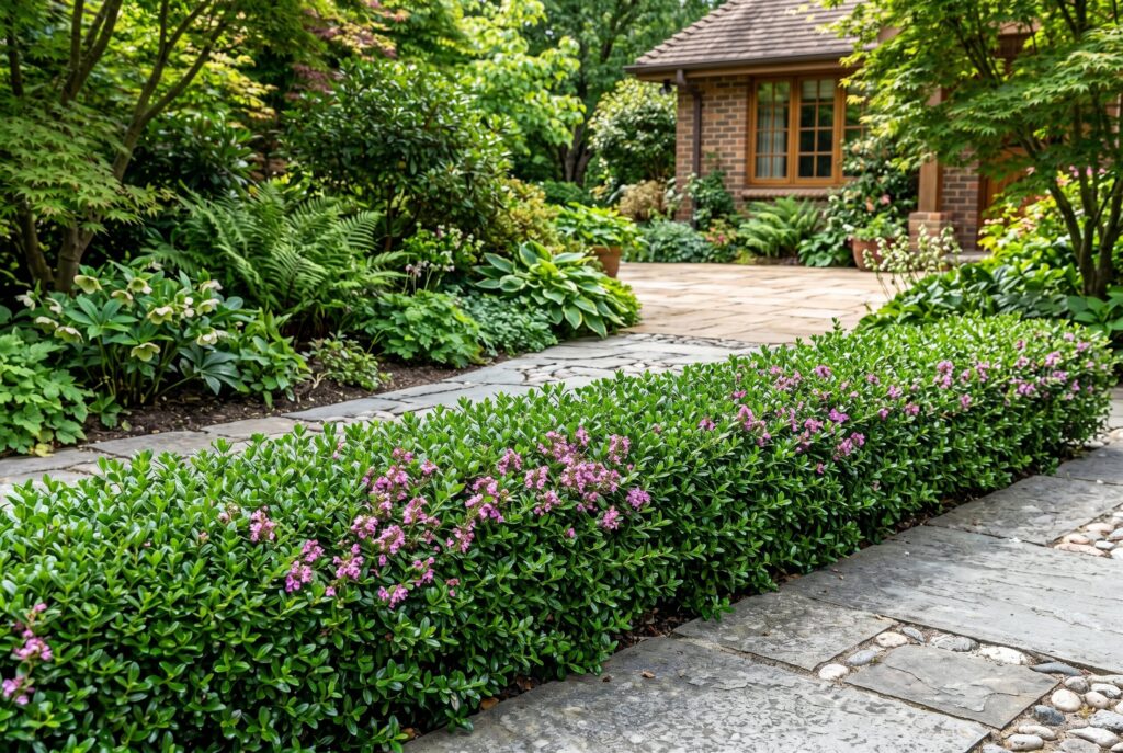 Wall germander clipped into a clean, formal border with green foliage and small purple flowers edging a stone garden walkway.